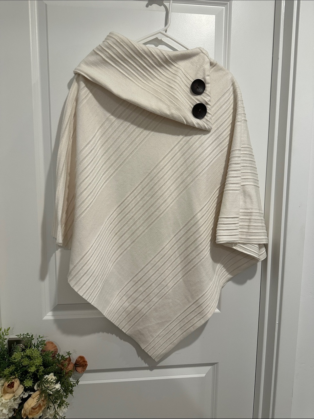 Cream Ribbed Asymmetric Poncho Top - Lightweight Layering